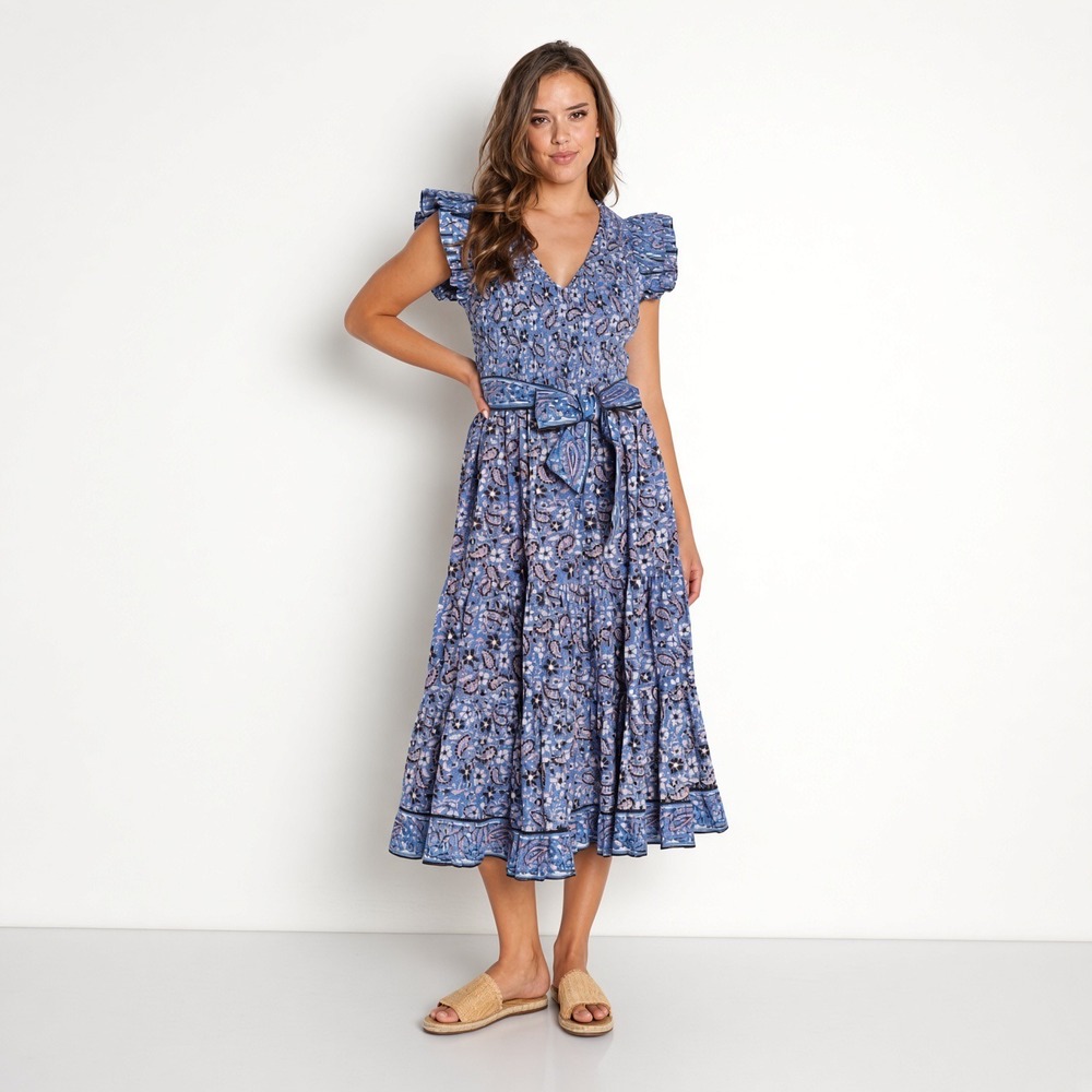 Cleobella Autumn Midi Dress Blue Paisley Organic Cotton Metallic Ruffle Size M